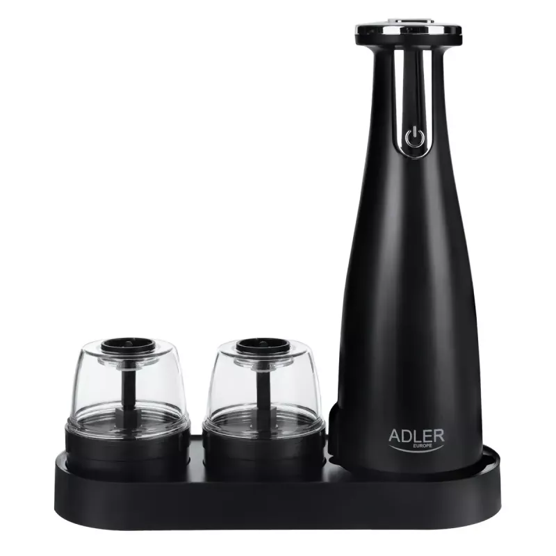 Adler AD 4449B set de molinillos eléctricos de sal y pimienta, 3 molinillos, muelas de cerámica, carga USB-C, batería de litio, 7 W, 150 ml, negro mate