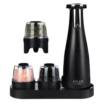 Juego de molinillos de sal y pimienta Adler AD 4449B — acero inoxidable/negro, capacidad 150 ml, batería de litio, 80×80×263 mm