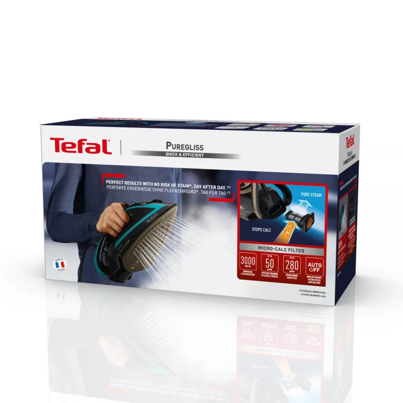 Plancha de vapor Tefal Puregliss FV8066 suela Durilium AirGlide Autoclean 3000 W negra, azul