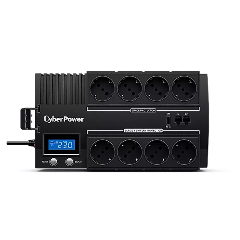 Sistema de alimentación ininterrumpida CYBERPOWER BR1000ELCD — SAI line-interactive 1 kVA / 600 W, 8 tomas Type F, USB, sobremesa, negro