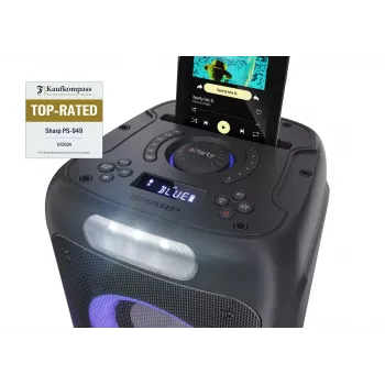 Altavoz para fiestas Sharp PS-949 — 2.1 canales, 132 W PMPO, altavoz de graves de 20,3 cm (8 pulgadas), Bluetooth A2DP/AVRCP, con cable e inalámbrico, negro, carcasa de plástico