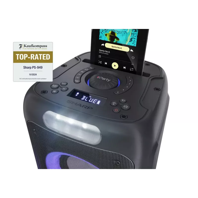 Sharp PS-949 XParty Street Beat altavoz para fiestas, 132 W, Bluetooth 5.0, batería integrada, 12 h de reproducción, IPX4, USB/AUX, espectáculo de luces LED, negro