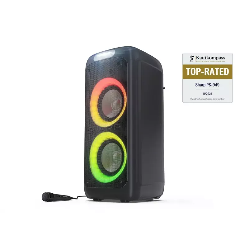 Sharp PS-949 XParty Street Beat altavoz para fiestas, 132 W, Bluetooth 5.0, batería integrada, 12 h de reproducción, IPX4, USB/AUX, espectáculo de luces LED, negro
