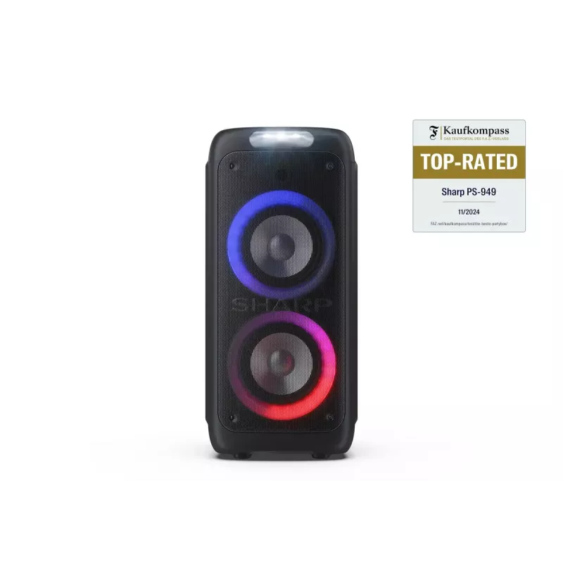 Sharp PS-949 XParty Street Beat altavoz para fiestas, 132 W, Bluetooth 5.0, batería integrada, 12 h de reproducción, IPX4, USB/AUX, espectáculo de luces LED, negro
