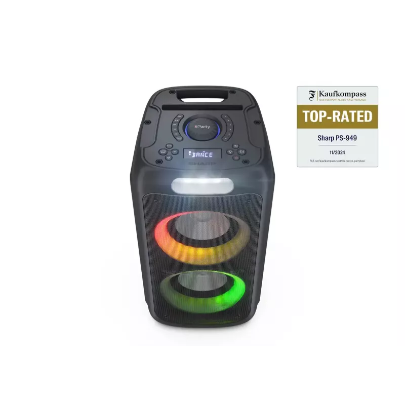 Sharp PS-949 XParty Street Beat altavoz para fiestas, 132 W, Bluetooth 5.0, batería integrada, 12 h de reproducción, IPX4, USB/AUX, espectáculo de luces LED, negro