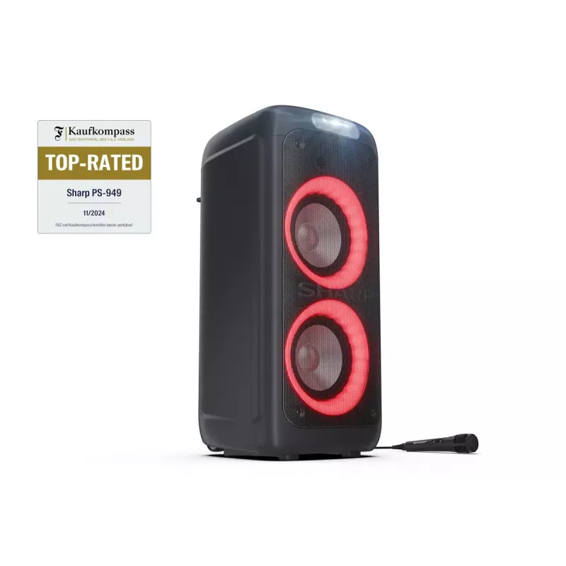 Sharp PS-949 XParty Street Beat altavoz para fiestas, 132 W, Bluetooth 5.0, batería integrada, 12 h de reproducción, IPX4, USB/AUX, espectáculo de luces LED, negro