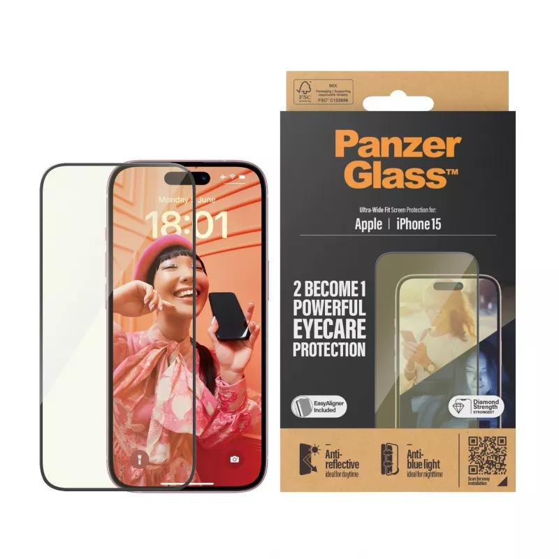 PanzerGlass® EyeCARE™ protección de pantalla iPhone 15 | Ultra-Wide Fit con EasyAligner