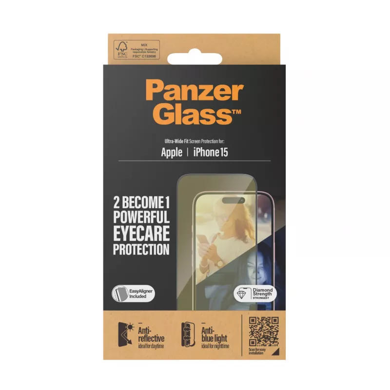 PanzerGlass® EyeCARE™ protección de pantalla iPhone 15 | Ultra-Wide Fit con EasyAligner