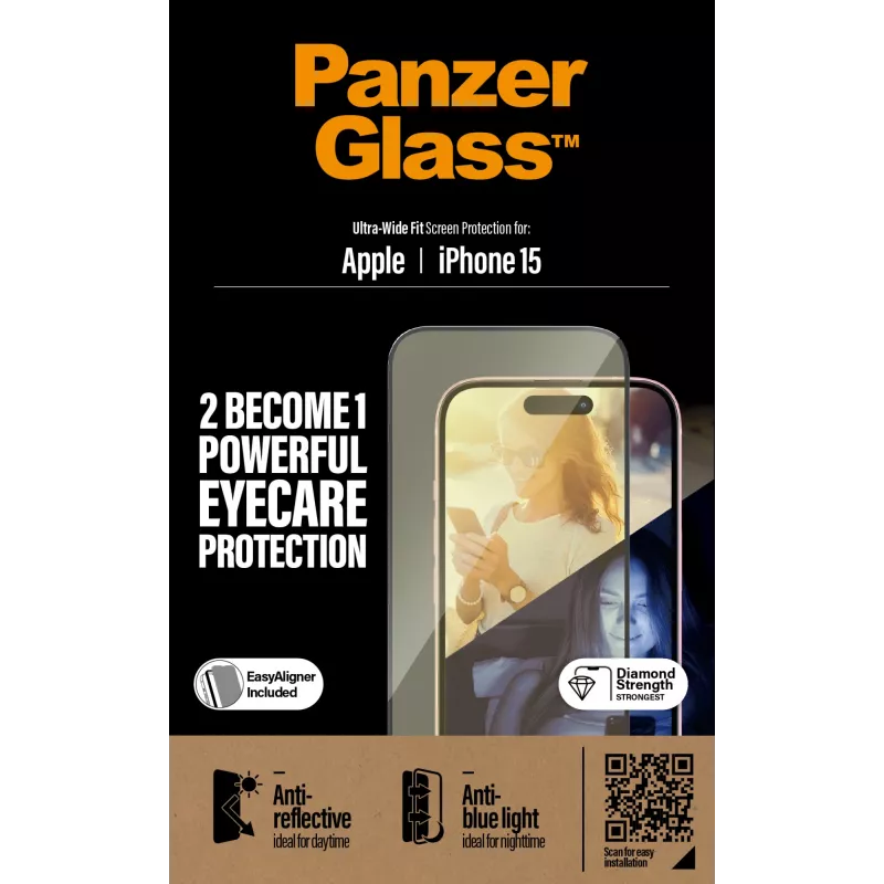 PanzerGlass® EyeCARE™ protección de pantalla iPhone 15 | Ultra-Wide Fit con EasyAligner