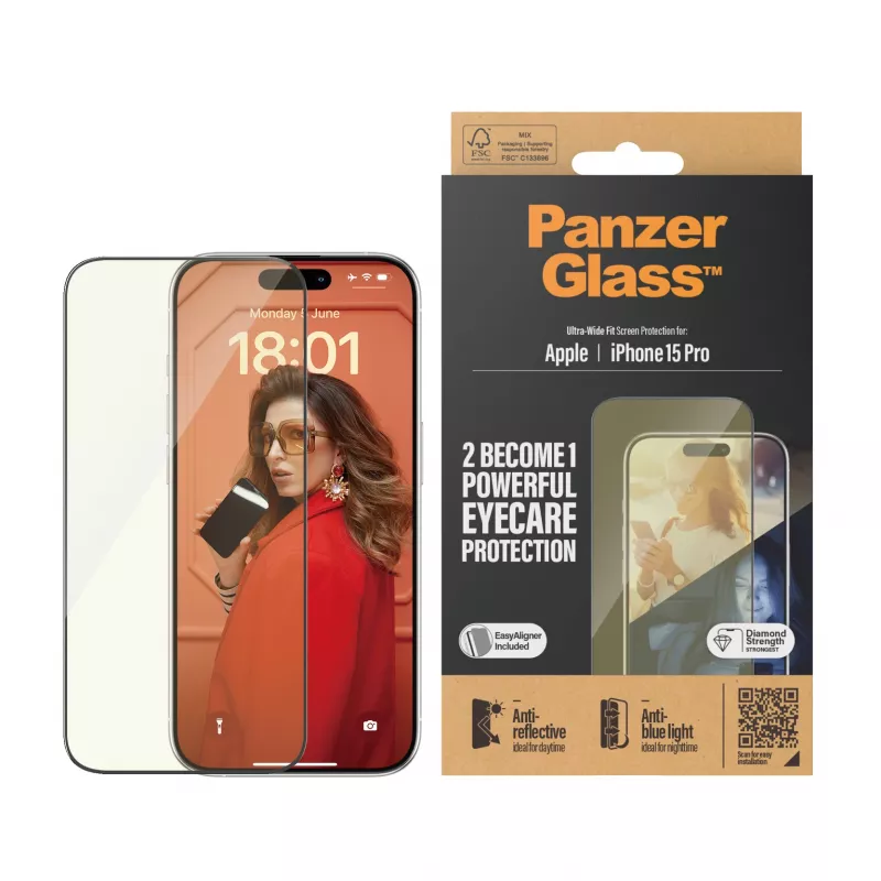PanzerGlass ® EyeCARE™ protección de pantalla iPhone 15 Pro | Ultra-Wide Fit con EasyAligner