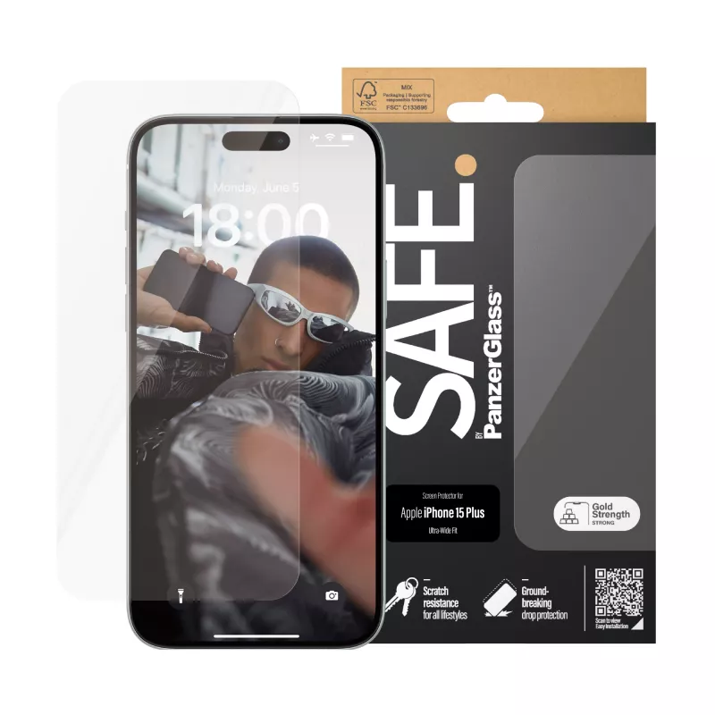 PanzerGlass SAFE. by ® Protector de pantalla iPhone 15 Plus | Ultra-Wide Fit