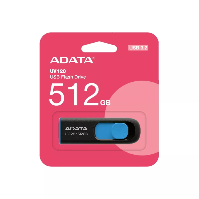 ADATA UV128 AUV128-512G-RBE memoria USB de 512 GB, USB-A 3.2 Gen 1, deslizante, negro/azul