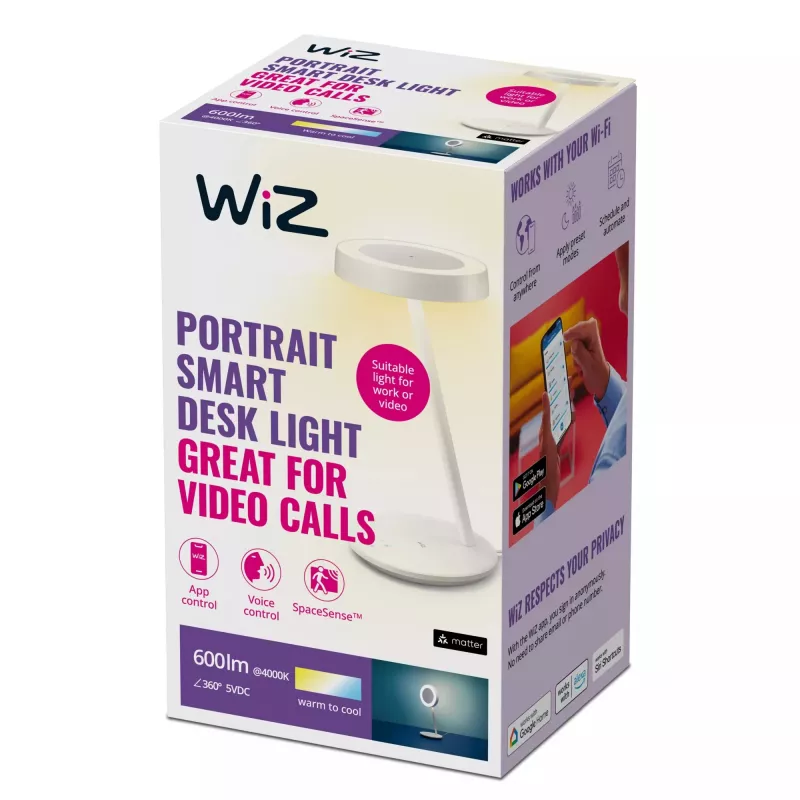 WiZ Portrait Desk Lamp lámpara de escritorio inteligente Wi-Fi, 600 lm, 2700-6500 K, regulable, brillo automático, 5 V