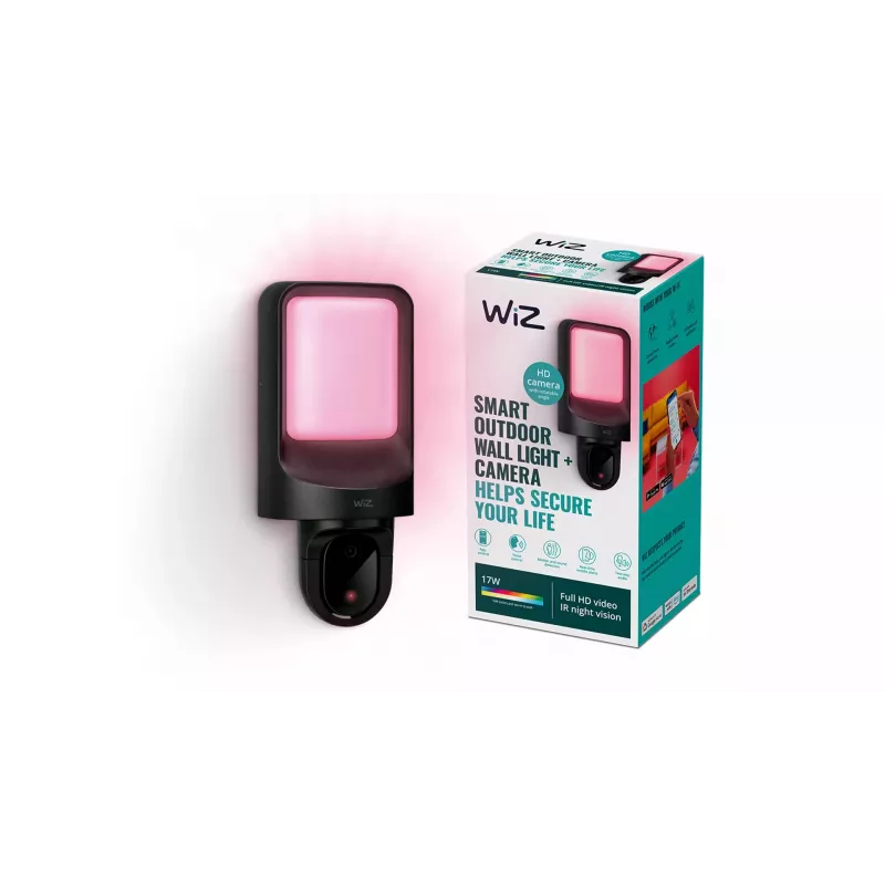 WiZ Lámpara de pared exterior con cámara, cámara de vigilancia IP, exterior, inalámbrica, 1250 lm, pared, negra