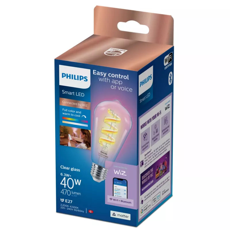 Philips Filament Clear 40 W ST64 E27, bombilla inteligente, Wi-Fi/Bluetooth, transparente, Wi-Fi 4 (802.11n), 802.11b, 802.11g, LED, E27