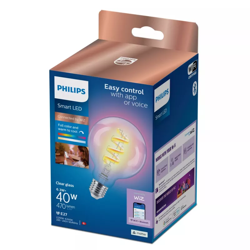 Philips Filament Clear 40 W G95 E27, bombilla inteligente, Wi-Fi/Bluetooth, transparente, Wi-Fi 4 (802.11n), 802.11b, 802.11g, LED, E27