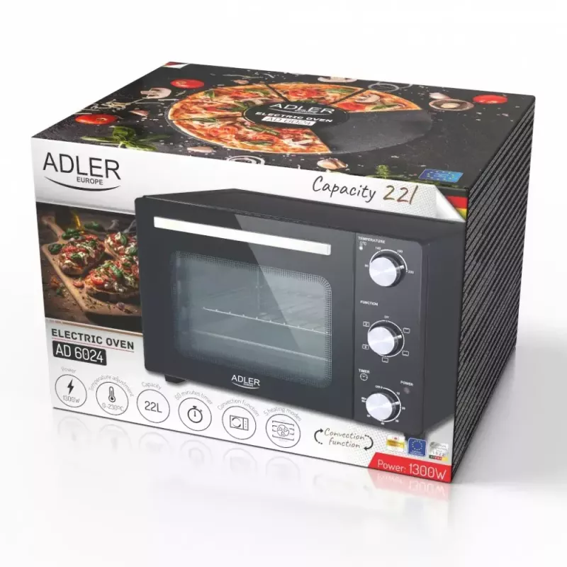 Horno de sobremesa eléctrico Adler AD 6024 — compacto, 22 l de capacidad, 1300 W, negro
