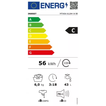 Lavadora de carga frontal INDESIT MTWSA 61294 W EE, 6 kg, motor inverter, clase de eficiencia energética C