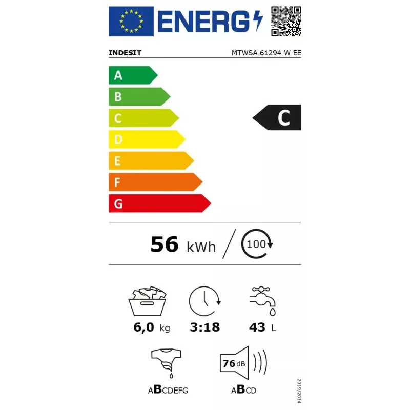 Lavadora de carga frontal INDESIT MTWSA 61294 W EE, 6 kg, motor inverter, clase de eficiencia energética C