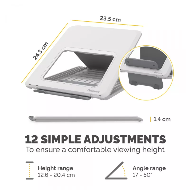 Fellowes soporte para portátil de escritorio - Breyta elevador de portátil ajustable para hogar y oficina - soporte portátil con 12 niveles de altura - tamaño máx. de portátil 14 pulgadas, peso máx. 4 kg - blanco