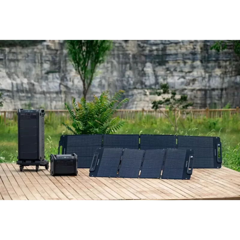 Panel solar Ninebot SP 100 — 100 W (400 W pico), USB, montaje en suelo, 1400×32×540 mm, negro