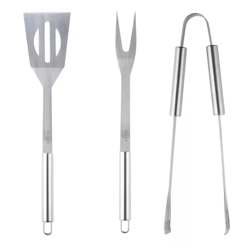 Set de utensilios de barbacoa Adler AD 6728 — 3 piezas, brochetas y tenedor de acero inoxidable