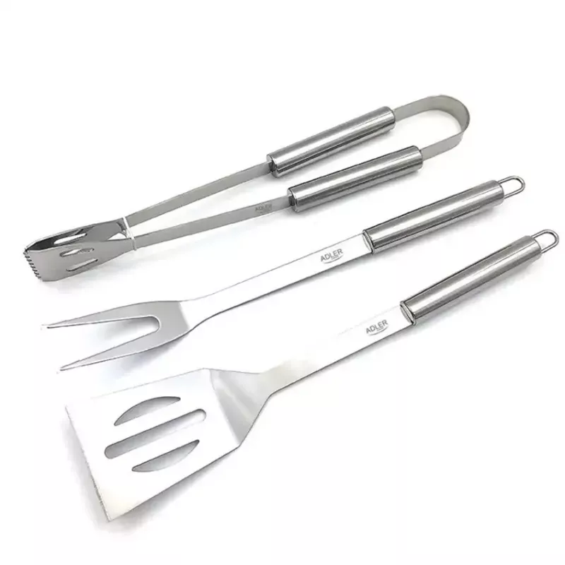 Set de utensilios de barbacoa Adler AD 6728 — 3 piezas, brochetas y tenedor de acero inoxidable