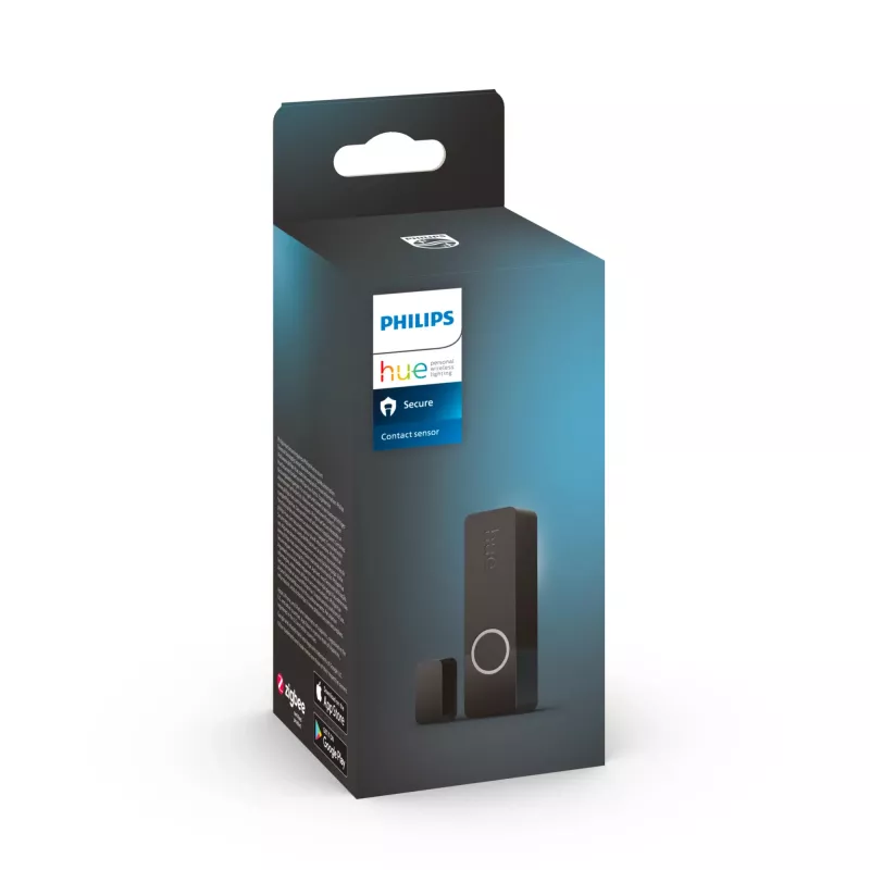 Sensor de contacto Philips Secure, inalámbrico, ZigBee, negro, puerta/ventana, cinta adhesiva/tornillo, III