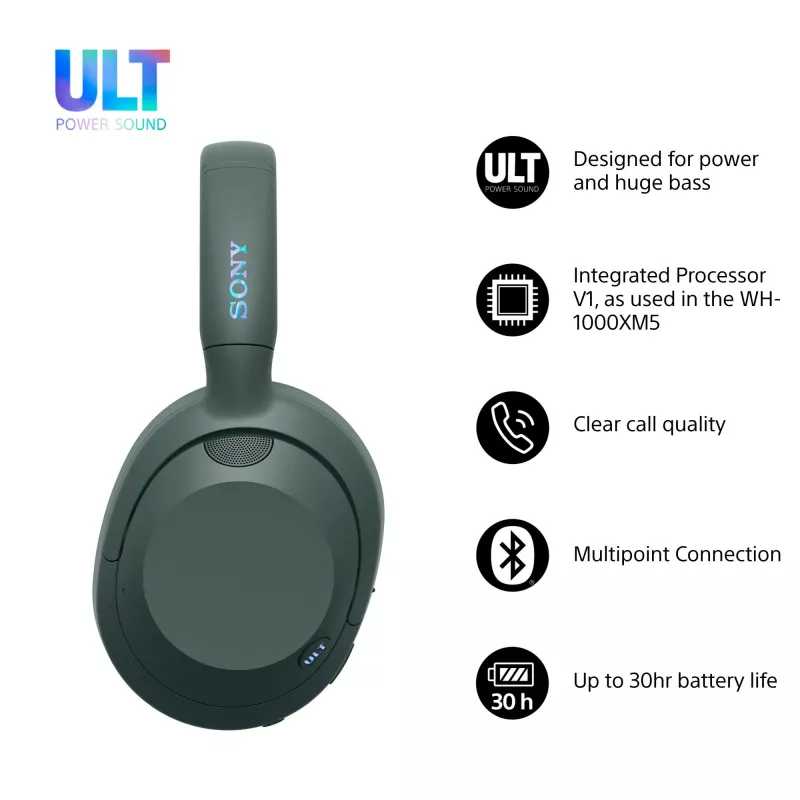 Sony ULT WEAR - Auriculares inalámbricos Bluetooth con ULT POWER SOUND, graves definitivos, cancelación de ruido, calidad de llamada nítida, hasta 30 horas de autonomía, iOS y Android