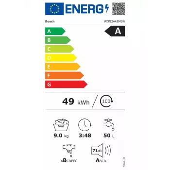 Lavadora Bosch WGG244ZMSN, carga frontal 9 kg, clase de eficiencia energética A