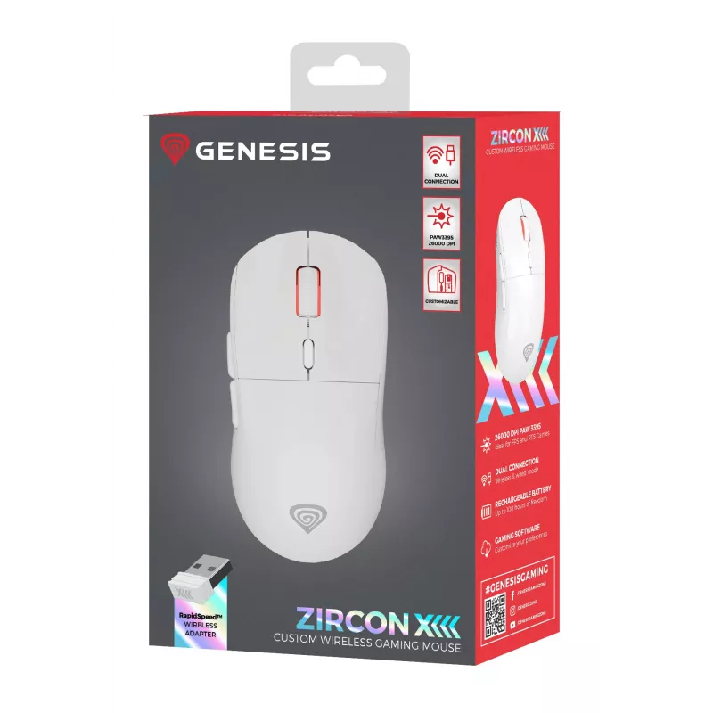 GENESIS Zircon XIII Ratón Gaming Ambidiestro RF Inalámbrico + USB Type-C Óptico 26000 DPI