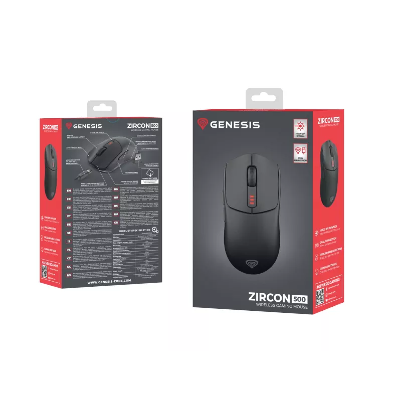 GENESIS Zircon 500 Ratón Gaming Diestro RF Inalámbrico + Bluetooth + USB Type-C Óptico 10000 DPI