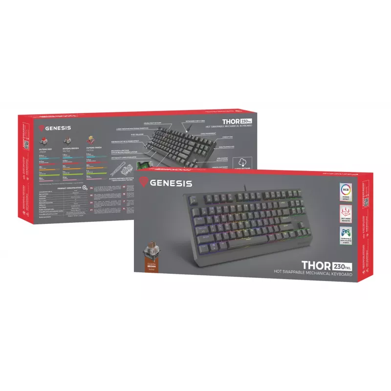 Teclado gaming mecánico Genesis Thor 230 TKL — Tenkeyless, US QWERTY, interruptores Outemu Brown, RGB, 1000 Hz, USB