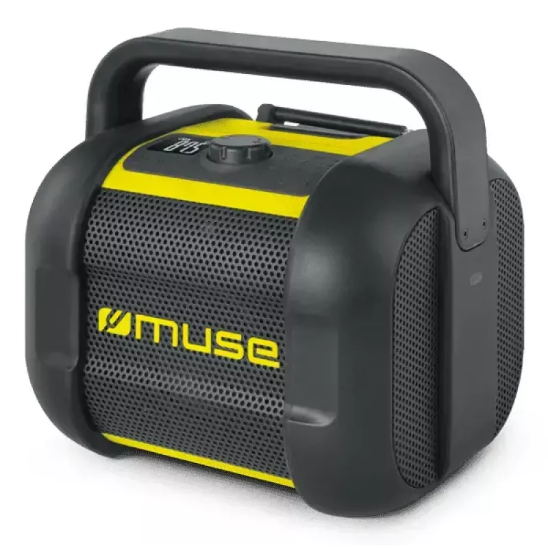 Radio de obra Muse M-968 BTY — FM analógica, 40 W RMS, Bluetooth 10 m, resistente al polvo y a los golpes, negra/amarilla