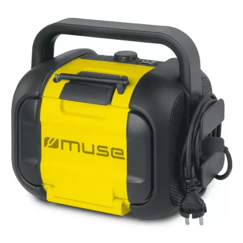 Radio de obra Muse M-968 BTY — FM analógica, 40 W RMS, Bluetooth 10 m, resistente al polvo y a los golpes, negra/amarilla
