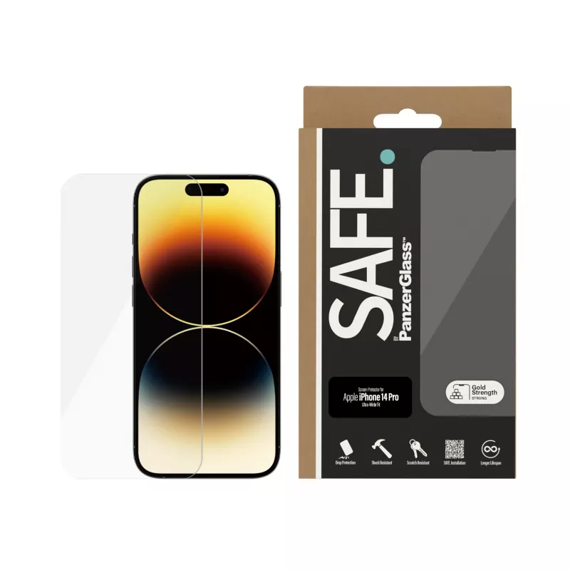 Protector de pantalla PanzerGlass SAFE. by ® para Apple iPhone 14 Pro Ultra-Wide Fit, resistente a arañazos y golpes