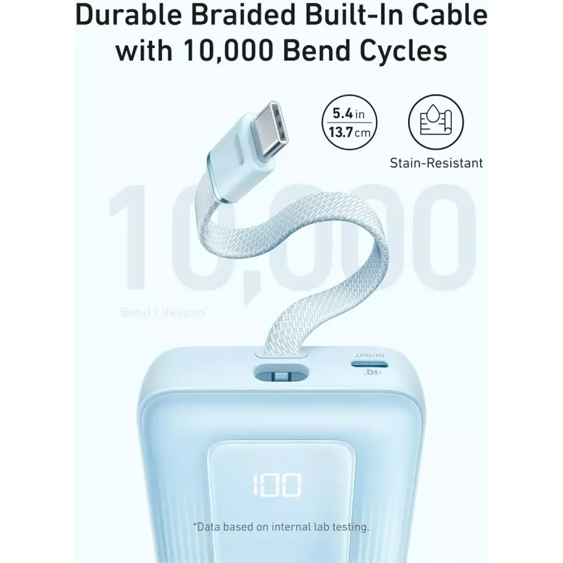 Batería portátil Anker Zolo 10000mAh, carga ultrarrápida 30W, cable USB-C integrado, negra