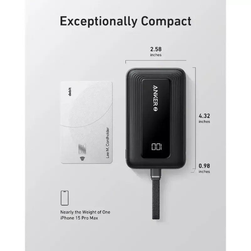 Batería portátil Anker Zolo 10000mAh, carga ultrarrápida 30W, cable USB-C integrado, negra
