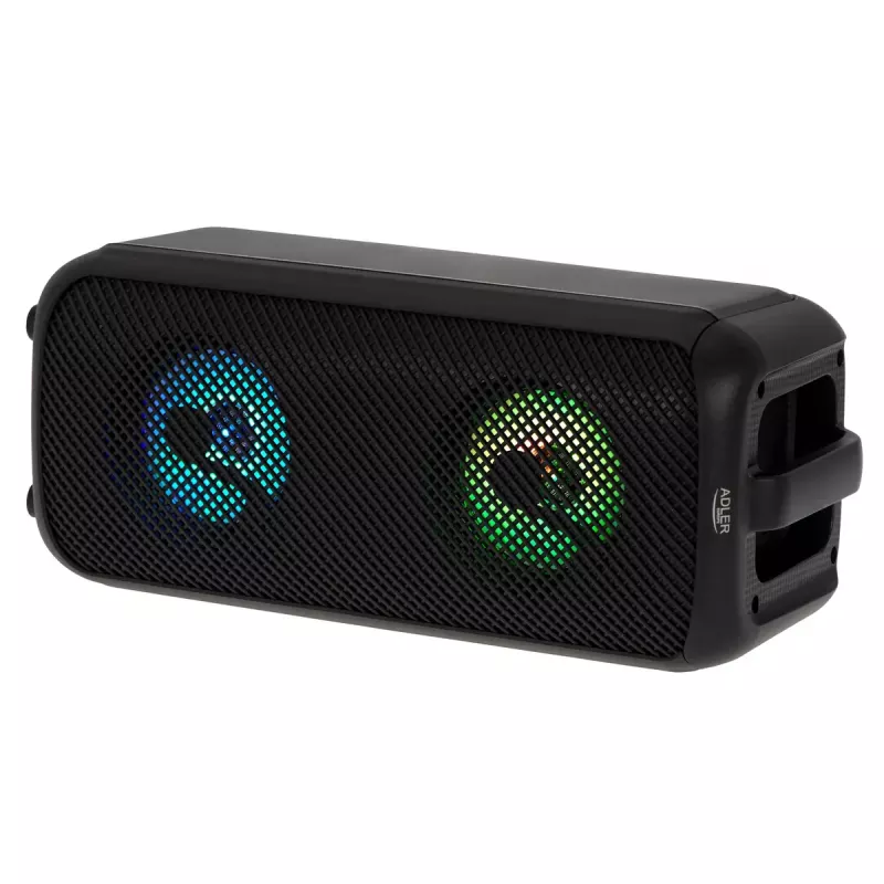 Altavoz portátil Adler AD 1903, 2×5 W, Bluetooth, radio FM, LED, batería de 1500 mAh, AUX, USB, negro