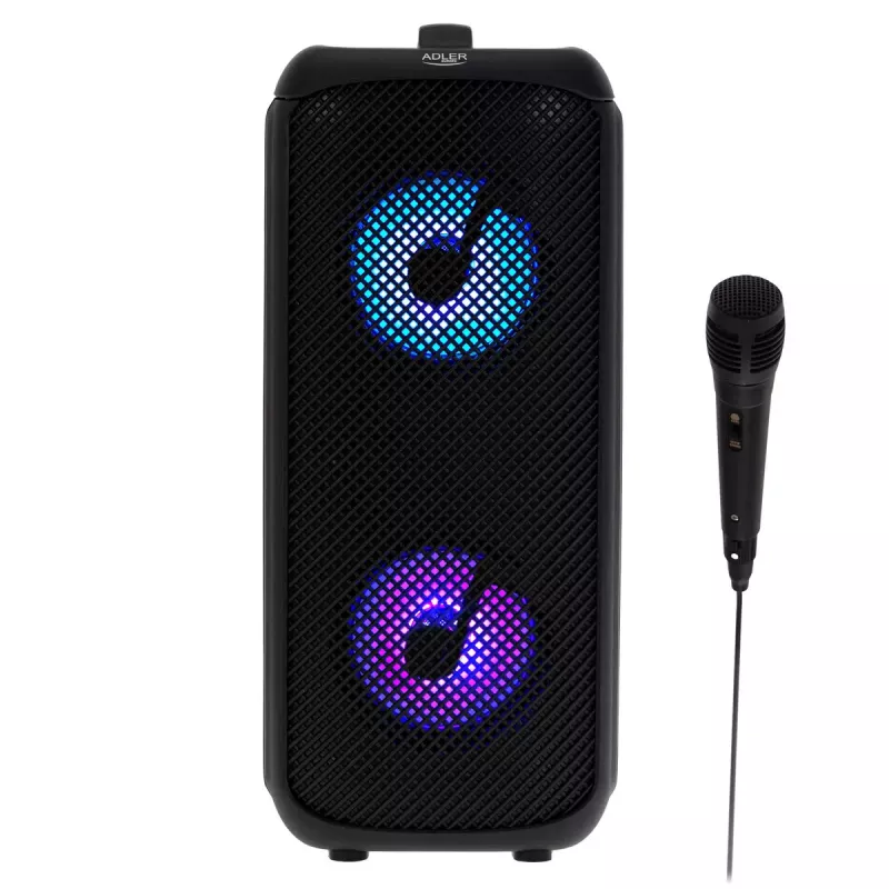 Altavoz portátil Adler AD 1903, 2×5 W, Bluetooth, radio FM, LED, batería de 1500 mAh, AUX, USB, negro