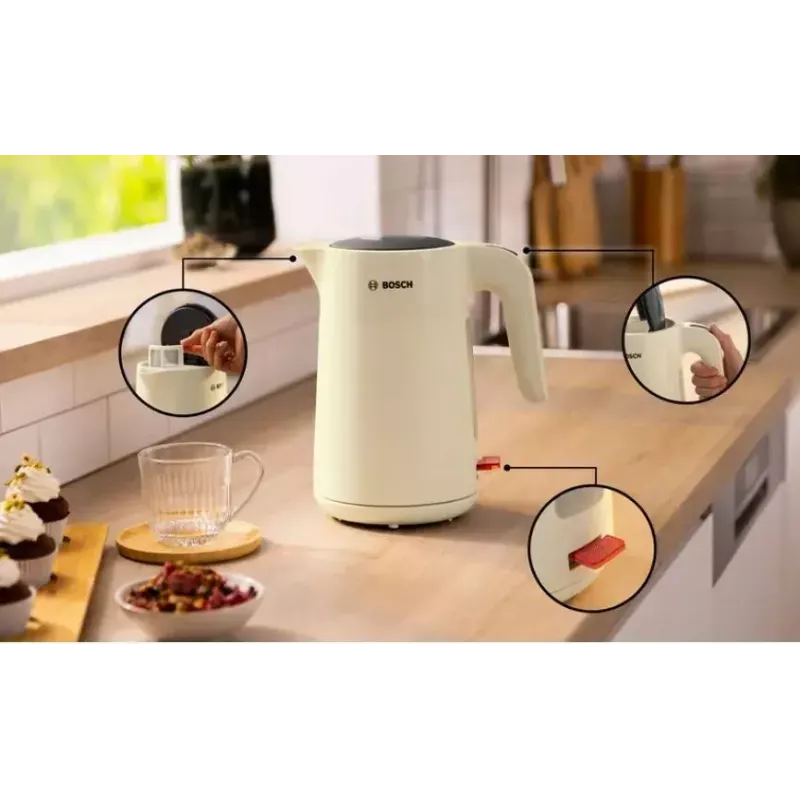 Hervidor de agua Bosch TWK2M167 1,7 L 2400 W, inalámbrico con base 360°, apagado automático, protección contra ebullición en seco