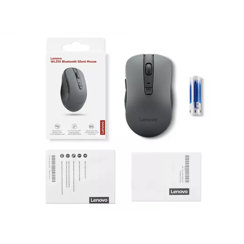 Ratón inalámbrico ambidiestro Lenovo WL310 Office – Bluetooth, óptico 1200 DPI, 6 botones, rueda, gris, a pilas