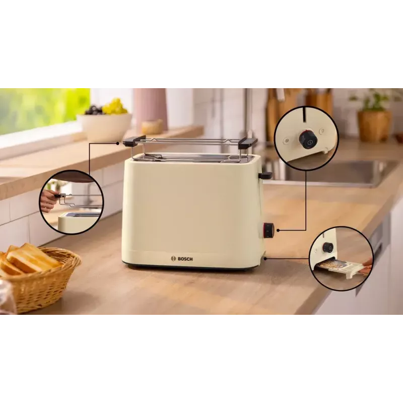 Tostadora Bosch Compact TAT3M127 – 2 ranuras beige carcasa de plástico, diseño compacto