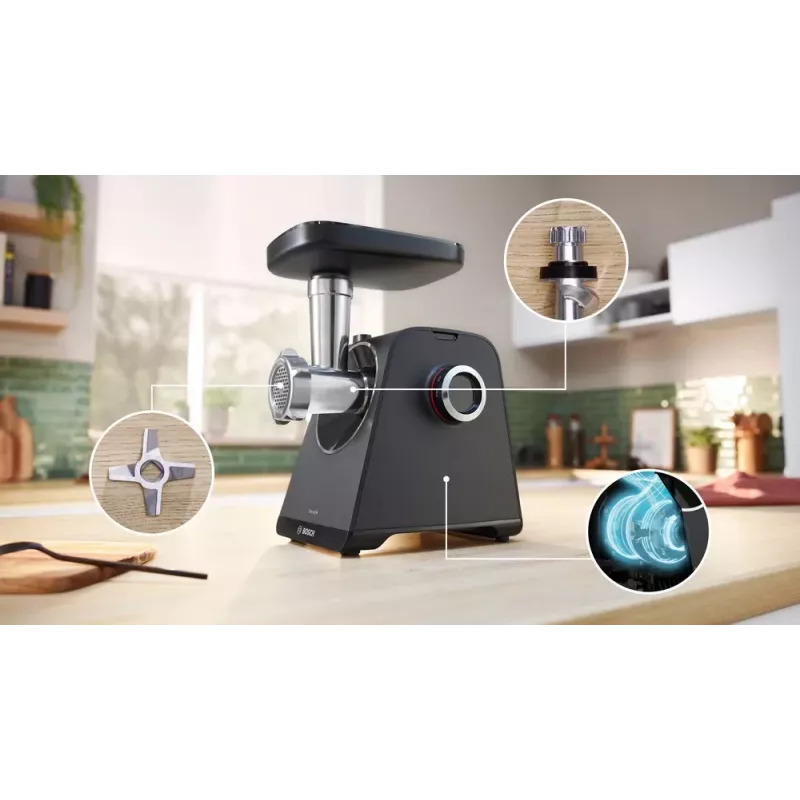 Picadora de carne Bosch MFWS430B — 1900 W, 2 velocidades, 2,5 kg/min, negro/plata, 4,3 kg