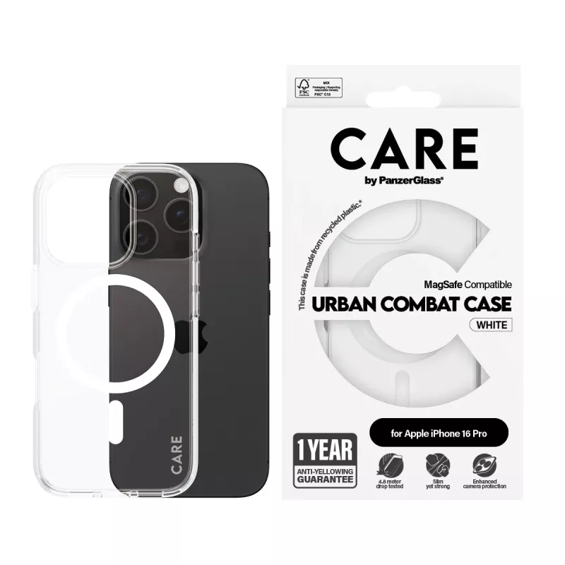 Funda PanzerGlass CARE™ by ® Urban Combat transparente con MagSafe blanco iPhone 16 Pro