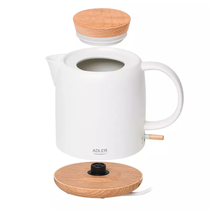 Hervidor eléctrico Adler AD 1304 — 1 L, 1200 W, carcasa de cerámica, tapa abatible, base giratoria 360°, blanco