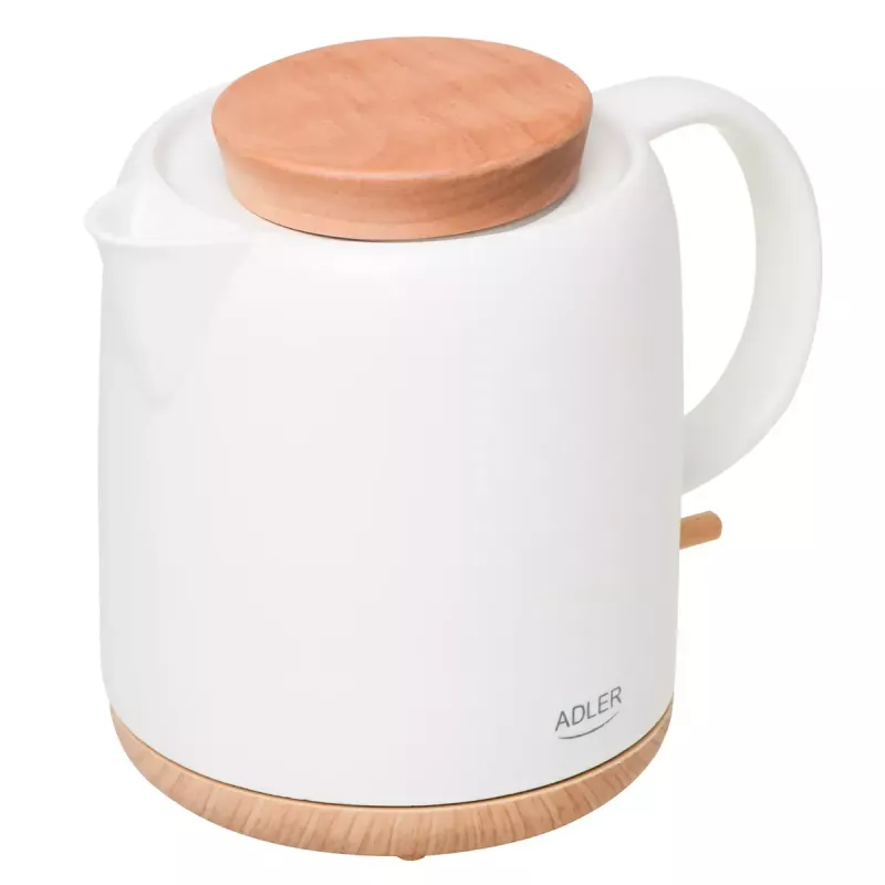 Hervidor eléctrico Adler AD 1304 — 1 L, 1200 W, carcasa de cerámica, tapa abatible, base giratoria 360°, blanco