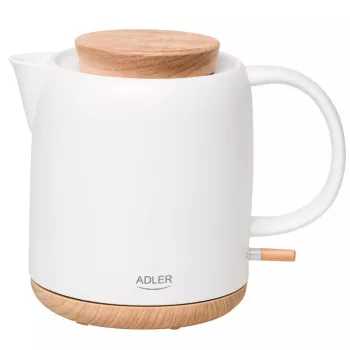 Hervidor eléctrico Adler AD 1304 — 1 L, 1200 W, carcasa de cerámica, tapa abatible, base giratoria 360°, blanco