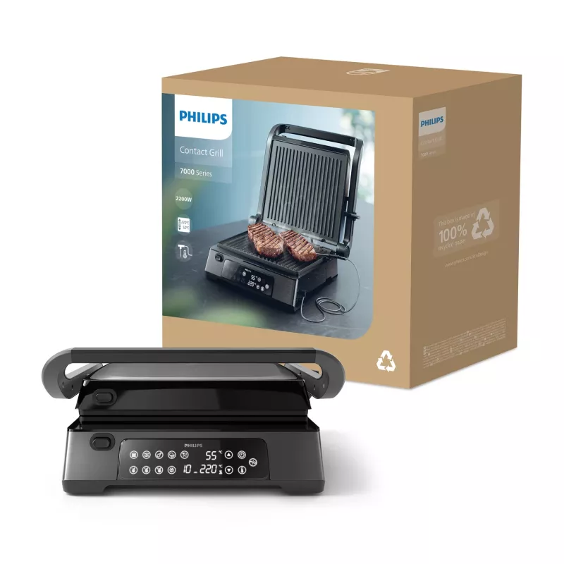 Parrilla de contacto Philips serie 7000, Negra, Rectangular, Táctil, 220 °C, tapa abatible, tapa de cierre, 180°