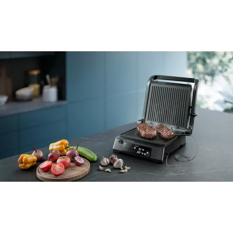 Parrilla de contacto Philips serie 7000, Negra, Rectangular, Táctil, 220 °C, tapa abatible, tapa de cierre, 180°